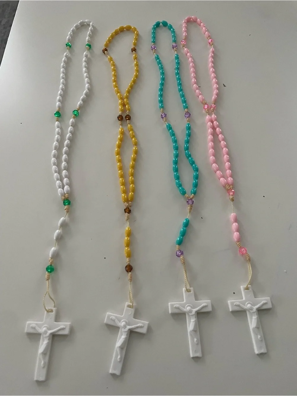 Lot of 4 Plastic Beaded Christian Rosaries w/ White Crucifixes, Multicolor